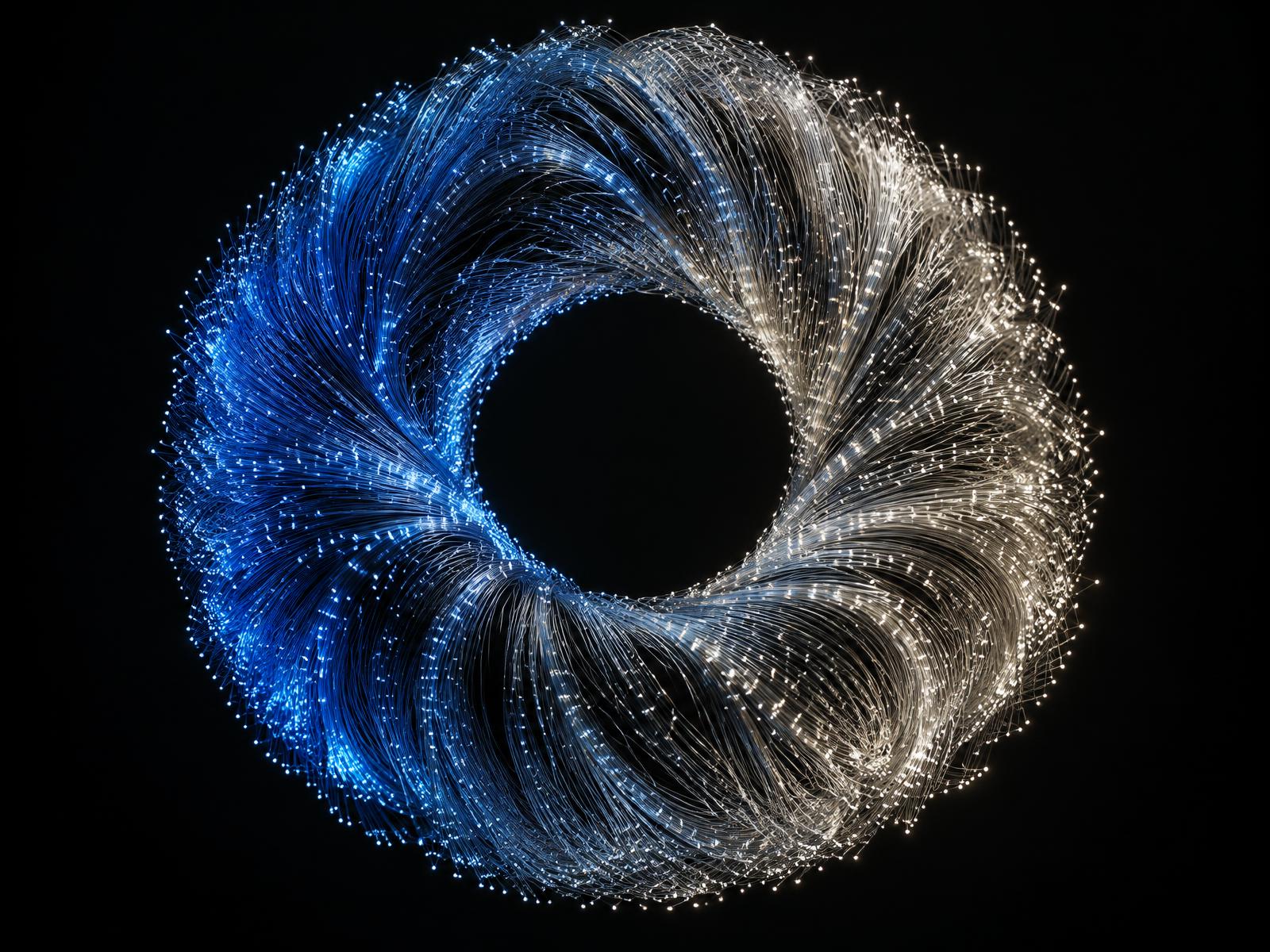 Blue and silver strands intertwined in a luminous intelligence sculpture